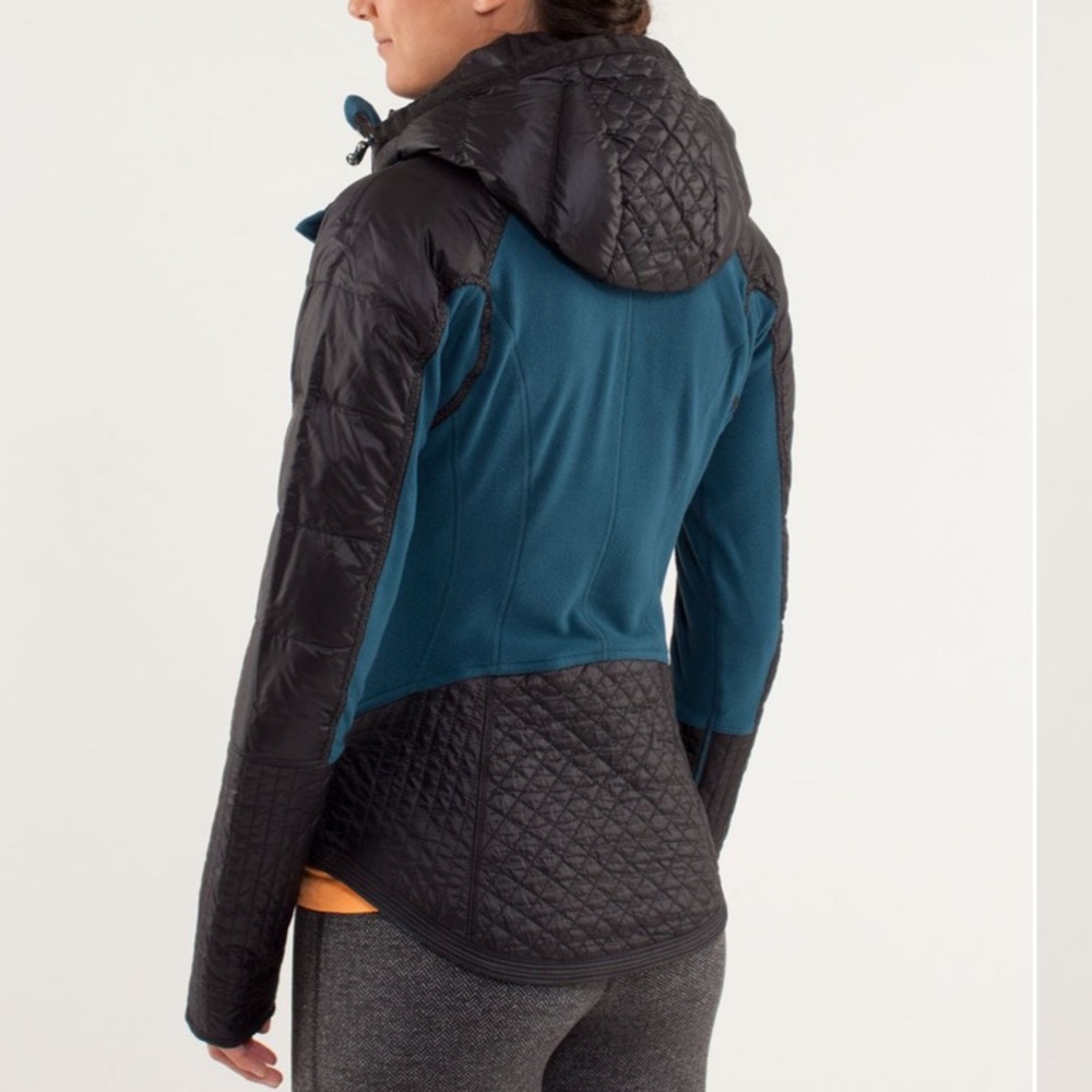 LuluLemon Run Bundle Up Jacket, Removable Hood, Quilted, Goose Down, Blk/Teal, 8